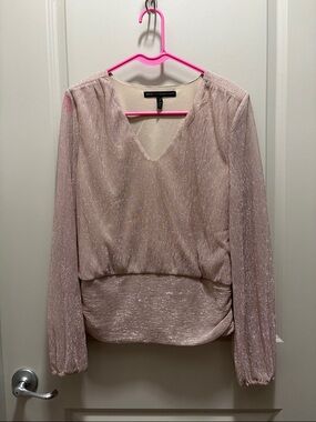 White House Black Market Blush Metallic V-Neck Long Sleeve Blouse